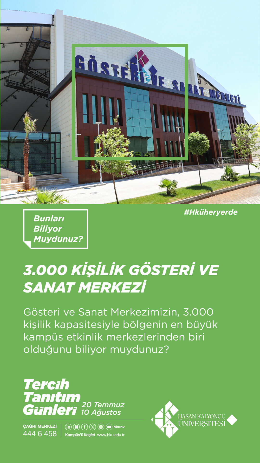 3.000 Kişilik Gösteri ve Sanat Merkezi. Gösteri ve Sanat Merkezimizin, 3.000 kişilik kapasitesiyle bölgenin en büyük kampüs etkinlik merkezlerinden biri olduğunu biliyor muydunuz?